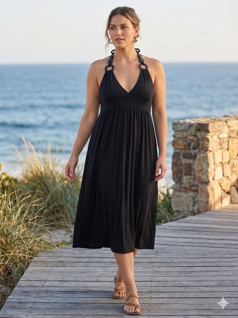 Suzy Shier Black Halter Maxi Dress Ring Detail Resort Wear Large